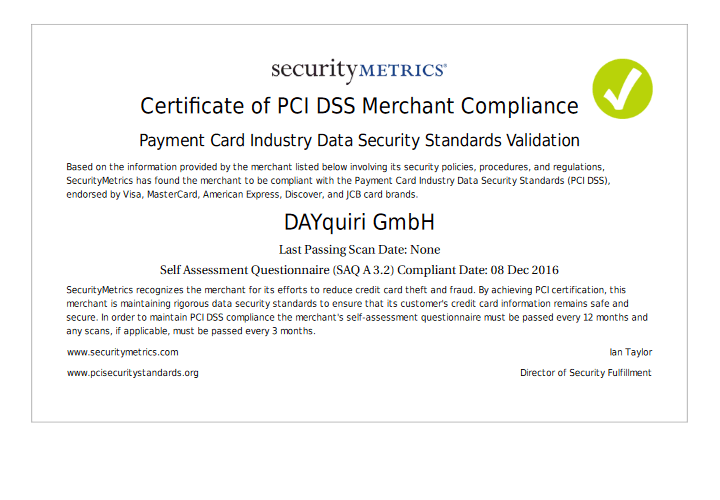 PCI DSS Merchant Compliance Certificate