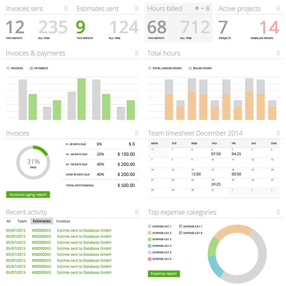Business dashboard for better control projects and finance